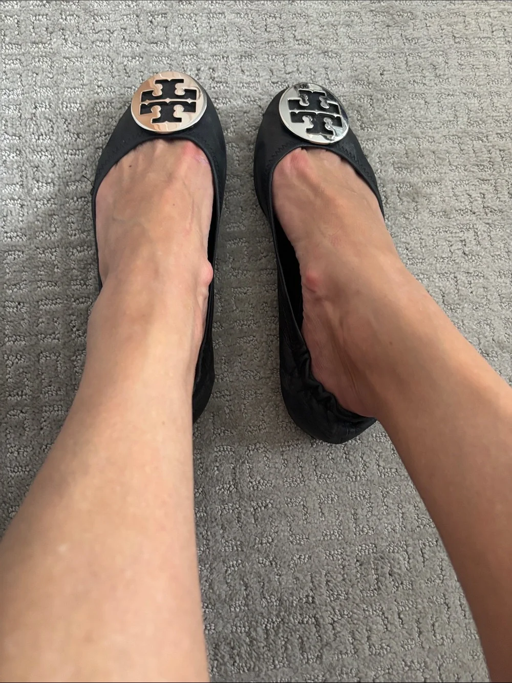 Tory Burch Black Leather Logo Round-Toe Ballet Flats
